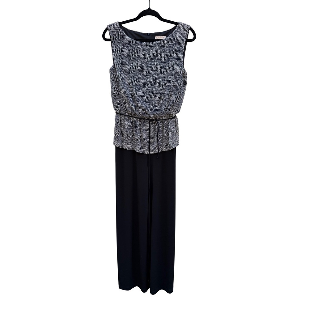 DB Established 1962 Dressbarn Chevron Knit Wide Leg Jumpsuit Black White size 8